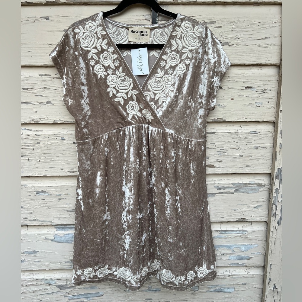 Savanna Jane Taupe Velvet Mini Dress with White Rose Embroidery